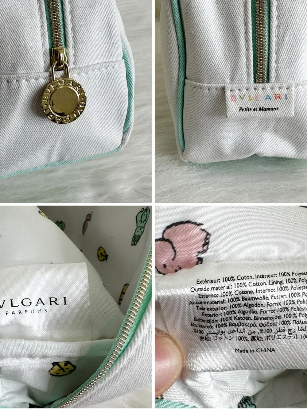 NWOT Bvlgari Petits Et Mamans White Bunny Zipper Top Cosmetic Bag